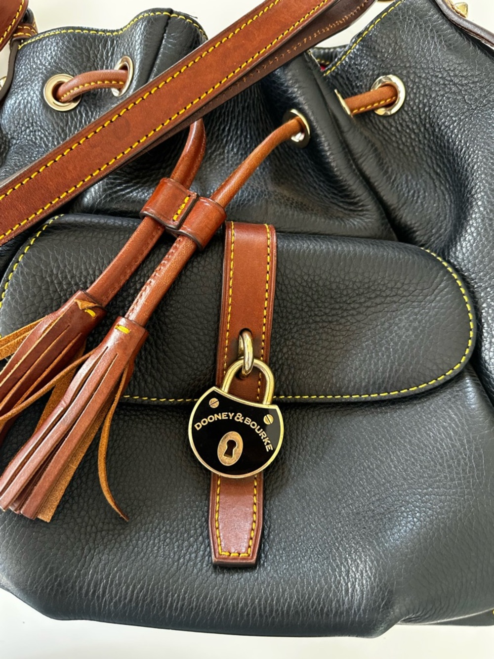 Dooney & Bourke Black Leather Drawstring Bucket Bag with Brown Trim - Picture 2 of 9